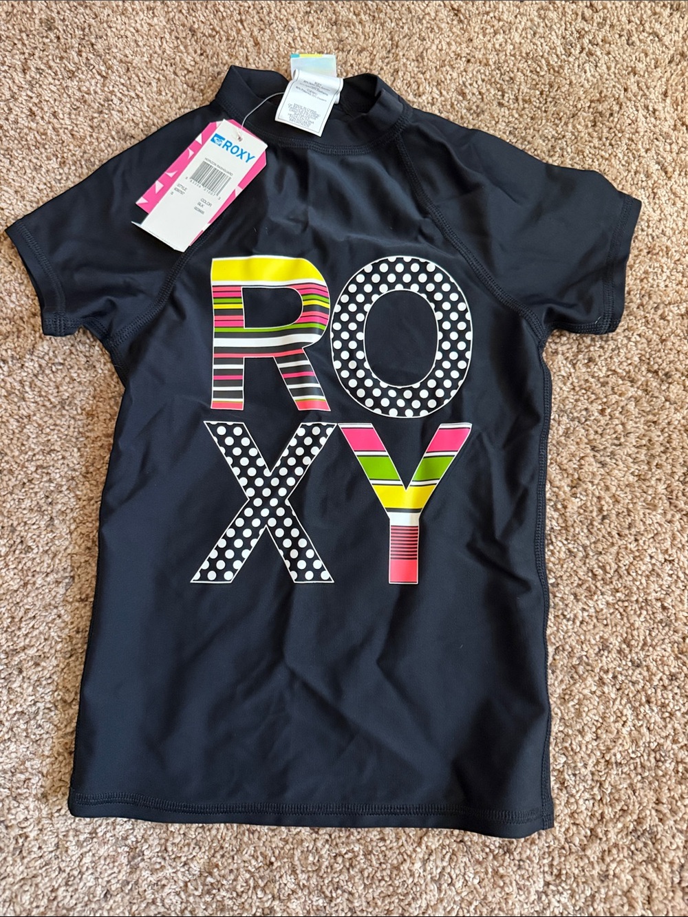 Roxy Black Short Sleeve Rashguard with Neon Stripe Logo
